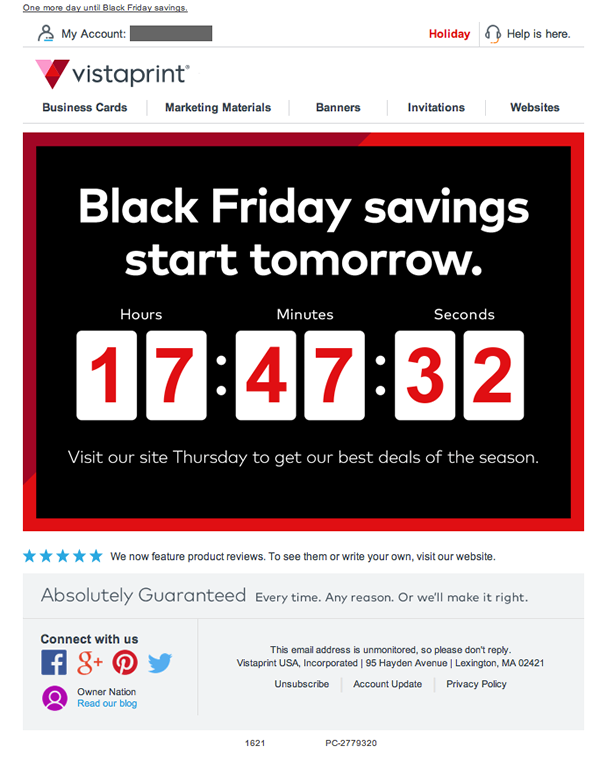 Vistaprint's Black Friday countdown the creates a sense of urgency